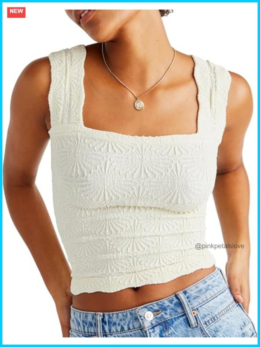 Square Neck Wide Strap Crop Tank Top with Flower Embroidery Lettuce Trim